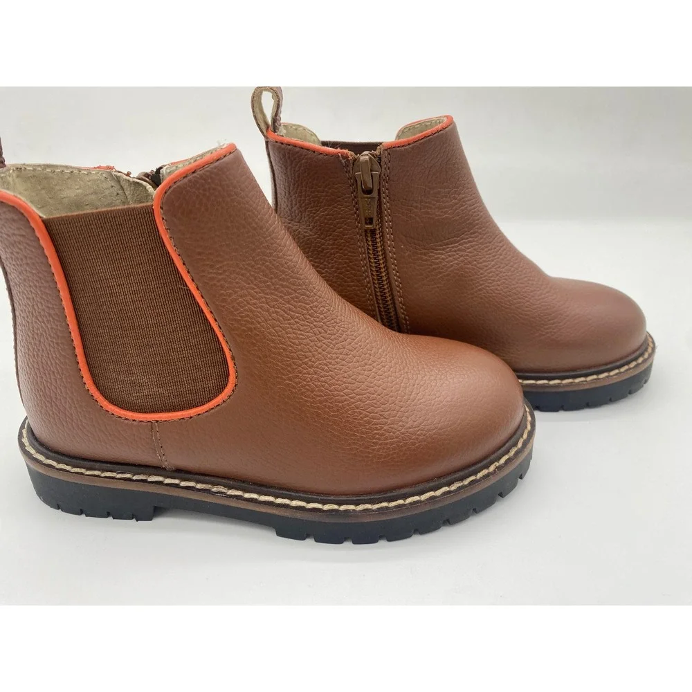 Mini Boden Kids Tan Pebbled Leather Chelsea Boots Orange Trim EU 25 C0680